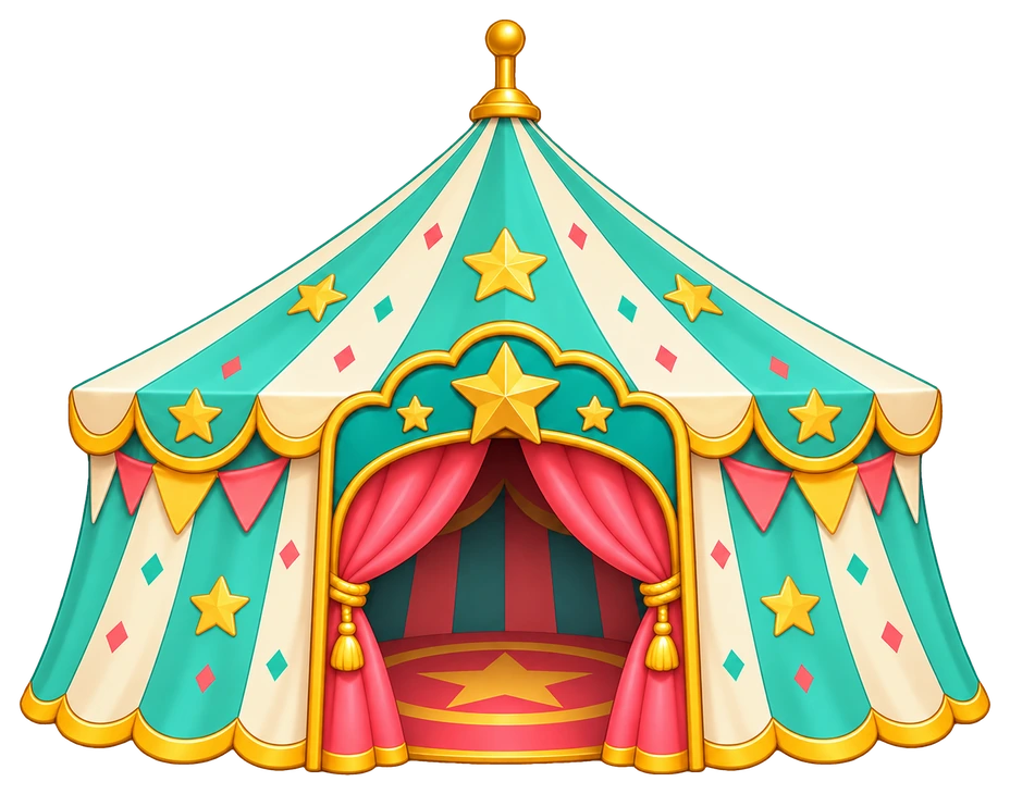A mint and cream circus tent with coral and gold trim